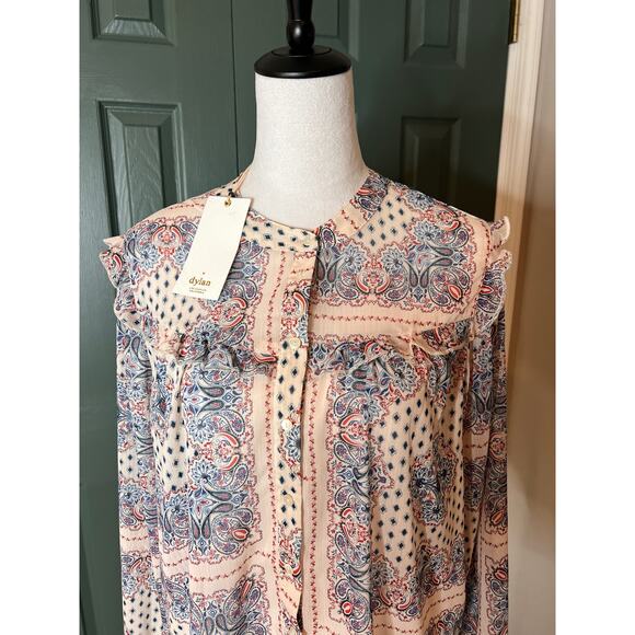 Dylan Long Sleeve Ruffle Trim Button Down Blouse Top Paisley Print - Picture 4 of 7